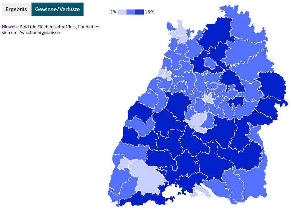 Gewinne der AfD in den Wahlkreisen in Baden-Württemberg bei der Landtagswahl 2026